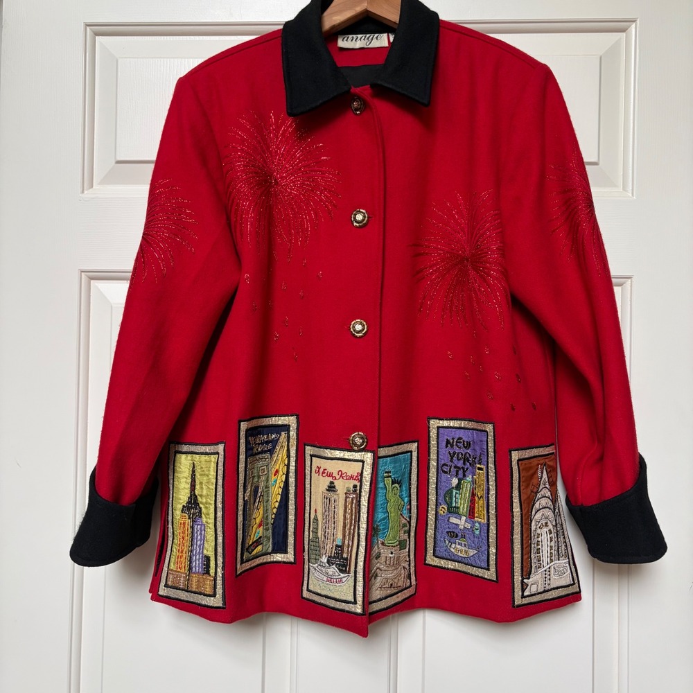 Vintage Anage Red Wool NYC Landmark Embroidered Fireworks Jacket Womens XS